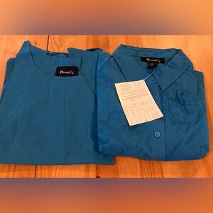 NWT Denim&Co Teal Button-Up Eyelet Blouse & Shell Duo 100% Cotton Size 2X